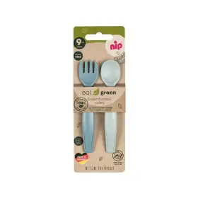 Set tacamuri Eat Green pentru bebelusi, lingurita si furculita, din plastic bio, lavabile in masina de spalat vase, 9+ luni, nip 37102