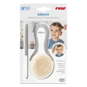 Set perie si pieptene ingrijire bebelusi, cu par natural de capra, alb cu gri, BabyCare Hair, Reer 81070
