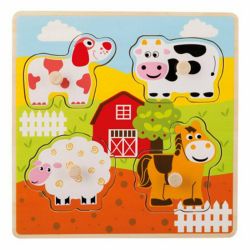 80075_farm_14 Puzzle din lemn 4 piese, Animale de la ferma Joueco 