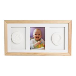 Baby HandPrint  Kit mulaj cu dubla amprenta, Double Memory Frame, Cu rama foto 10x15 cm, Nontoxic, Conform cu standardul european de siguranta EN 713:2019, Natur Lemn Natur