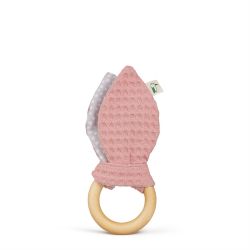 Jucarie cu inel de prindere din lemn si urechi din material textil, roz, Gruenspecht 571-V2 Roz Deschis