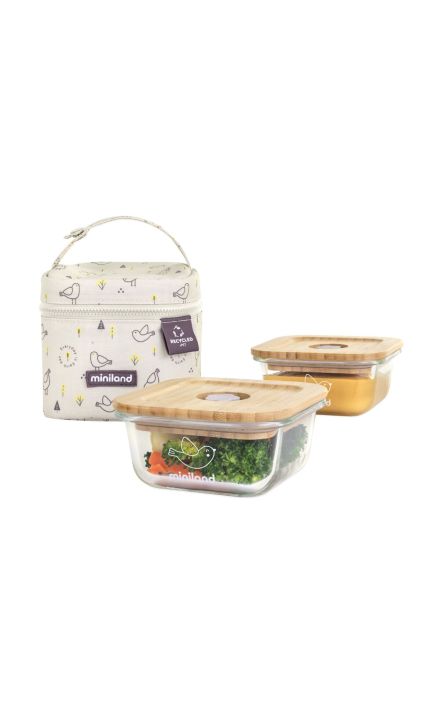Set 2 recipiente sticla cu capac din bambus si gentuta Miniland FSC100% Lila
