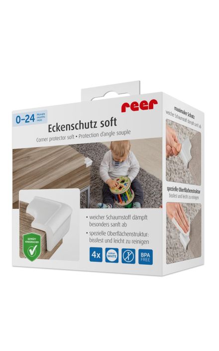 Set 4 protectii de colturi din spuma poliuretan, cu banda adeziva 3M, rezistenta la muscaturi, albe, Reer 82030 