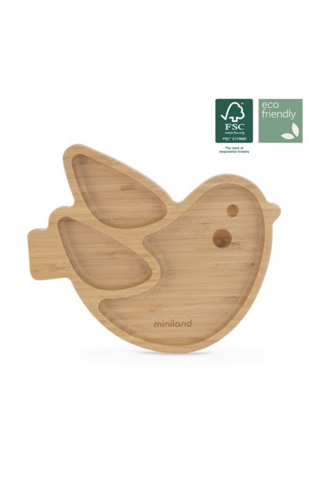 Farfuriuta compartimitata cu baza din silicon Miniland Chick Lemn Natur
