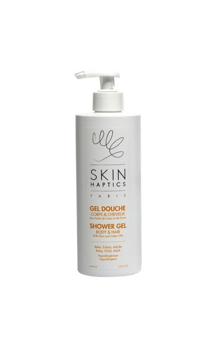 Gel de dus Skinhaptics cu uleiuri de origine naturala, ideal pentru curațarea delicata a pielii și a parului, potrivit pentru bebelusi, copii si parinti, 400 ml 