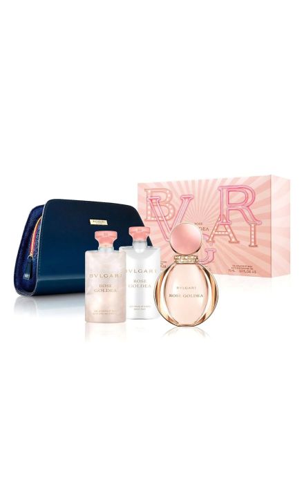 Set Cadou Bvlgari: Rose Goldea, Toiletry, GWP Textile Pouch + Rose Goldea, Moisturizing & Softening, Lapte de corp, 75 ml + Rose Goldea, Apa de parfum, pentru femei, 90 ml + Rose Goldea, Cleansing, Gel de dus pentru toate tipurile de piele 75 ml 