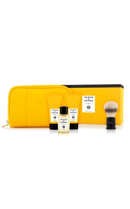Set cadou Acqua di Parma: Pensula de ras fata + Barbiere, Hidratant, Balsam dupa soare, 40 ml + Barbiere, Crema de ras, 40 ml +  Apa de Colonie, 20 ml + Acqua di Parma, Produse de toaleta, Husa textila GWP, Galben 