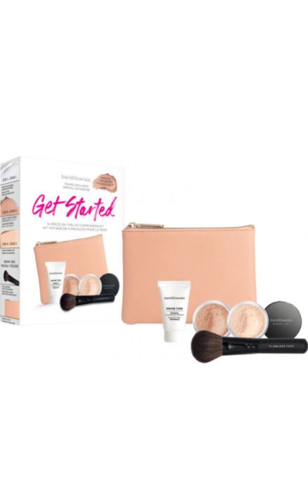 Set de inceput BareMinerals: BareMinerals, Fixare, Pensula pentru pudra + Voal mineral, Finisaj mat, Pudra fixatoare, Bronz auriu, 2 g + Original, Fond de ten lichid, SPF 15, 2 g + Prime Time, Vitamina E, Smooth Wear, Baza de ten, Bronz auriu, 15 ml 