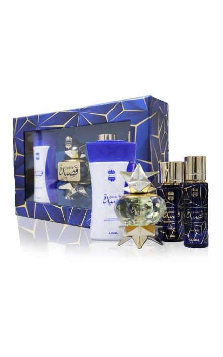 Set AJmal Qasida - Spray de Corp, 50 ml + Spray pentru Par, 50 ml + Pudra de Corp, 80 ml 