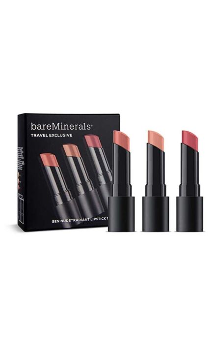 Set 3 rujuri de calatorie Exclusive BareMinerals: Gen Nude Radiant, Cocoa, Cream Lipstick, Infatuation, 3.35 g + Gen Nude Radiant, Cocoa, Cream Lipstick, Friendship, 3.35 g + Gen Nude Radiant, Cocoa, Cream Lipstick, Swag, 3.5 g 