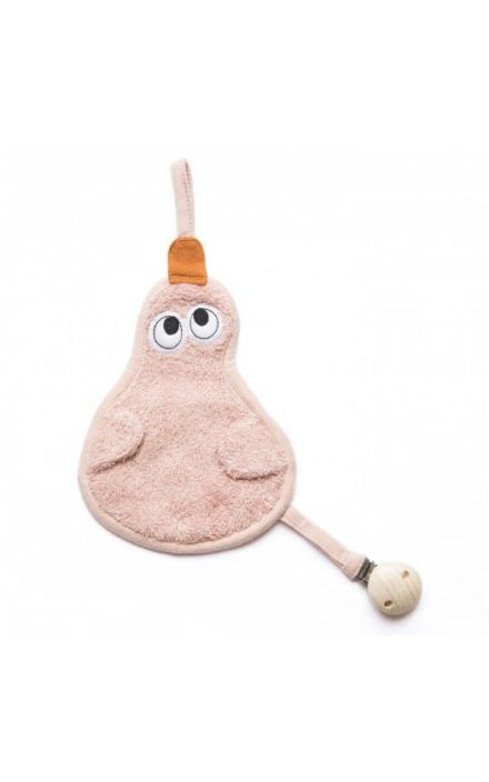 Textil din bambus pentru dentitie cu agatatoare suzeta din lemn Para Misty Rose Roz