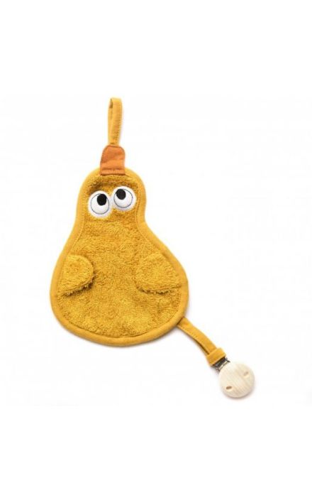 Textil din bambus pentru dentitie cu agatatoare suzeta din lemn Para Ocru Ocru