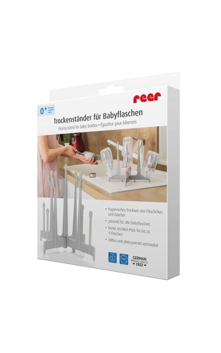 Suport uscare pentru 9 sticle sau biberoane, pliabil, Reer 21041 Gri