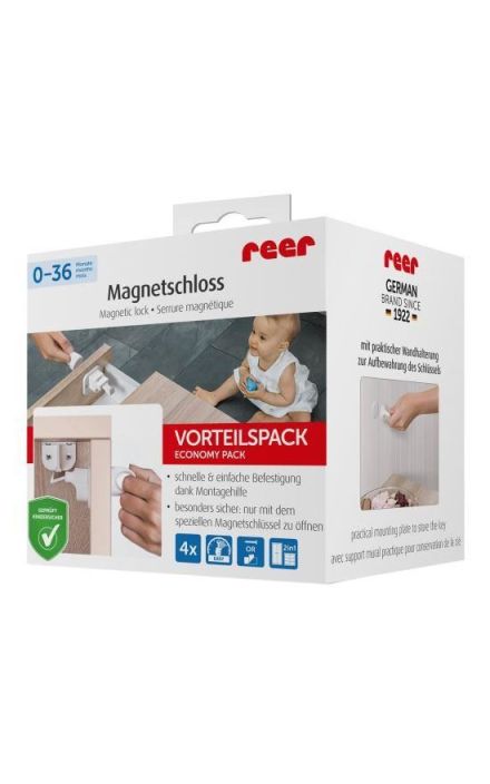 Pachet economic 4 incuietori magnetice pentru sertare si usi de dulapuri REER 51020 Alb