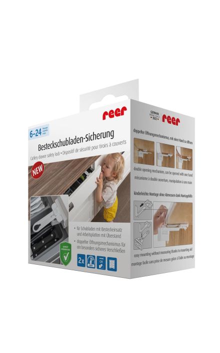 Set sigurante pentru sertare de tacamuri, 2 bucati, albe, montare cu adeziv sau surub, Reer 71090 