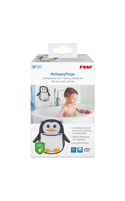 Saculet din plasa pentru jucarii de baie, prindere cu ventuze, forma de pinguin, fara BPA, 0+ luni, Reer MyHappyPingu 76062 