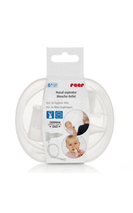 Aspirator nazal bebelusi, cu aspirare bucala, varf din silicon moale, sterilizabil la abur, cutie depozitare si 4 filtre, Reer 79139 Transparent