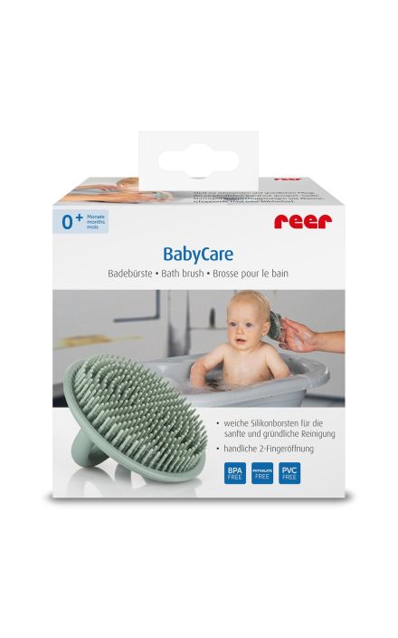 Perie de baie moale pentru bebelusi, din silicon alimentar, monobloc, fara BPA, 0+ luni, Reer BabyCare Bath Brush 81083 Verde