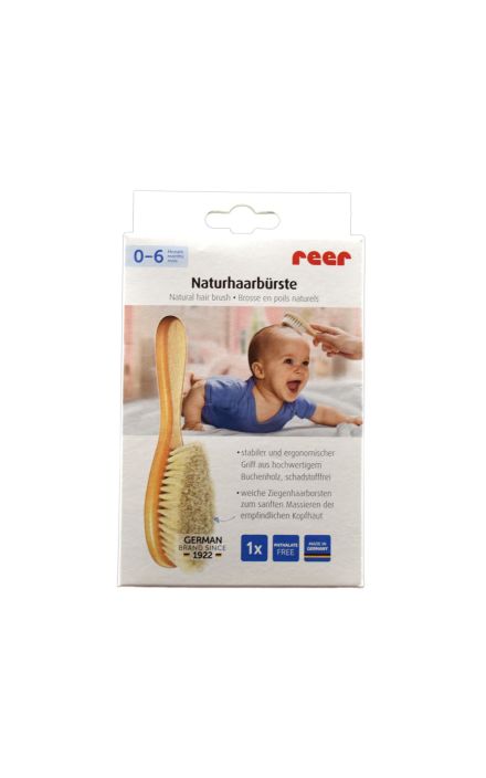 Perie pentru bebelusi, din par natural de capra si maner din lemn, dimensiune medie, Reer 81165 Lemn Natur