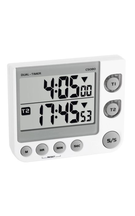Timer si cronometru digital dual, 100 ore, LED de avertizare, memorie, volum reglabil, alb, TFA 38.2025 Gri