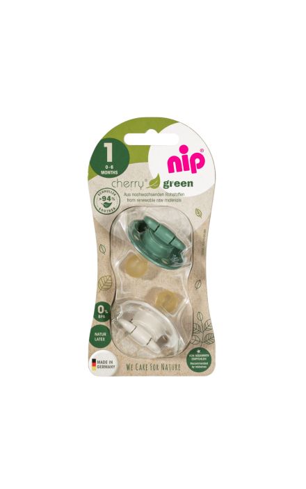 Set 2 suzete Cherry Green Boy cu tetina din latex natural, forma rotunda, cu inel, 0-6 luni, nip 38589 Verde