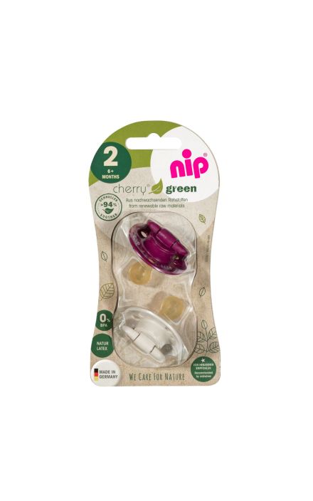 Set 2 suzete Cherry Green Girl cu tetina din latex natural, forma rotunda, cu inel, 6+ luni, nip 38590 