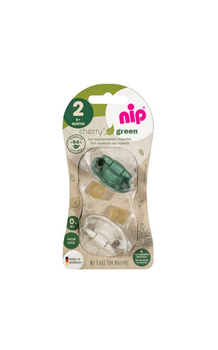 Set 2 suzete Cherry Green Boy cu tetina din latex natural, forma rotunda, cu inel, 6+ luni, nip 38591 Verde
