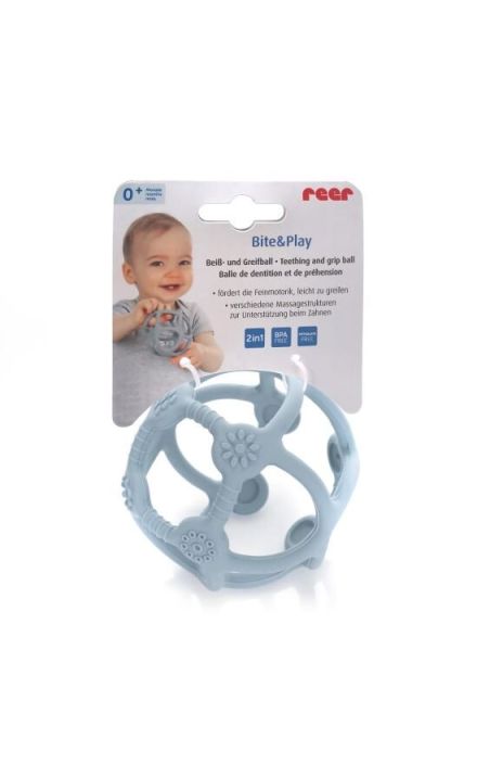 Jucarie pentru dentitie si minge 2in1, silicon, albastra, 0 luni+, Reer Bite&Play 79273 