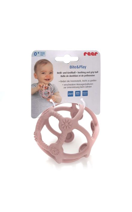 Jucarie pentru dentitie si minge 2in1, silicon, roz, 0 luni+, Reer Bite&Play 79284 Multicolor