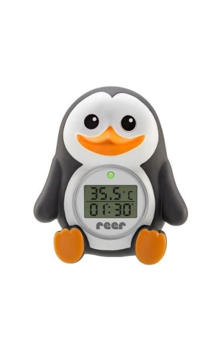 Termometru digital de baie si camera MyHappyPingu, cu ceas, Reer 24041 Alb / Negru