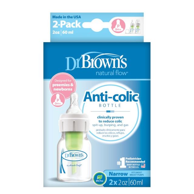Pachet Biberoane Anti-Colici cu Gat Ingust, Polipropilena, 60 ml. “Options Plus” ptr. prematuri, (2 pack), BPA Free Transparent