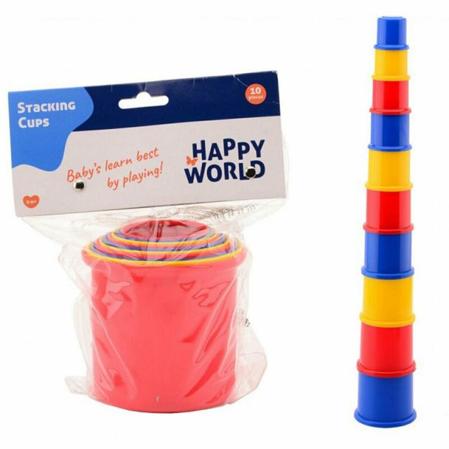 Happy World - Set 10 cupe pentru stivuit, Jucarie educativa pentru copii, Multicolor Negru